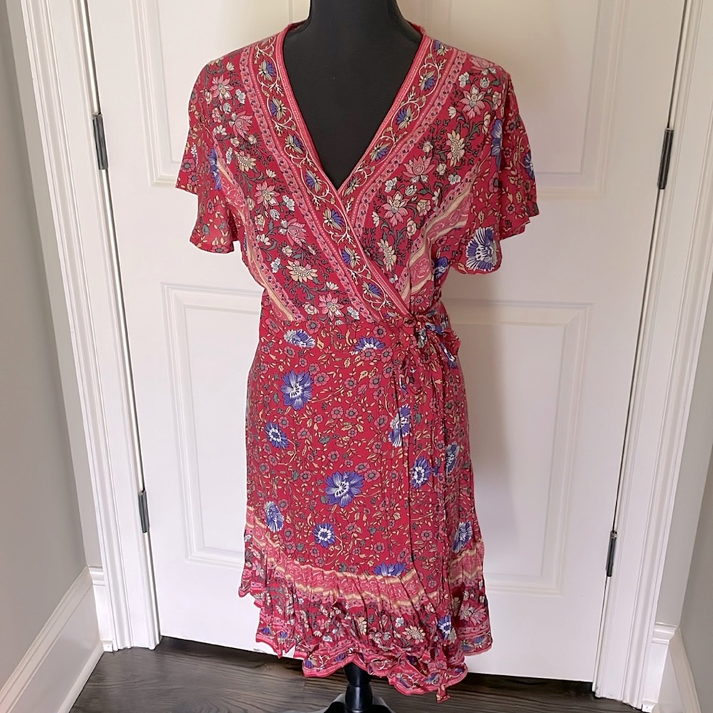 NWT ZESICA Pink Red Floral Wrap Dress Swim Swimsuit Cover Up Size M Medium